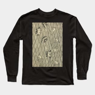 Water waves and fishes, line art, Black and white, Rajasthani art, Phad painting Long Sleeve T-Shirt